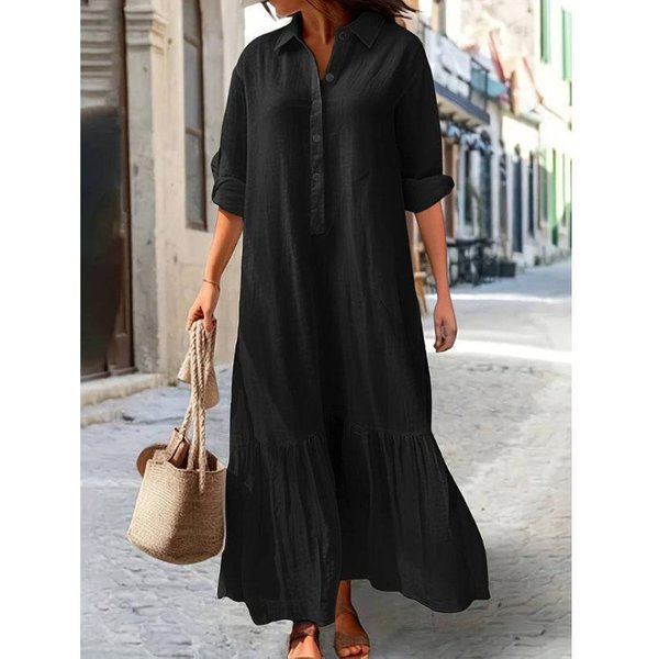 Letnia BawełNiana Lniana Damska Sukienka Czarna LuźNa Z DłUgim RęKawem Sukienki Koszulowe Damskie Letnie Swobodne Oversize Eleganckie Ubrania Damskie Xxxl Czarny-image