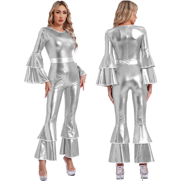 Mono Vintage De Los AñOs 70 Con Efecto Disco MetáLico Brillante Para Mujer, Mono Hippie Con Mangas Acampanadas Y Pantalones Acampanados, Ropa De Baile De Una Pieza XL Plata-image