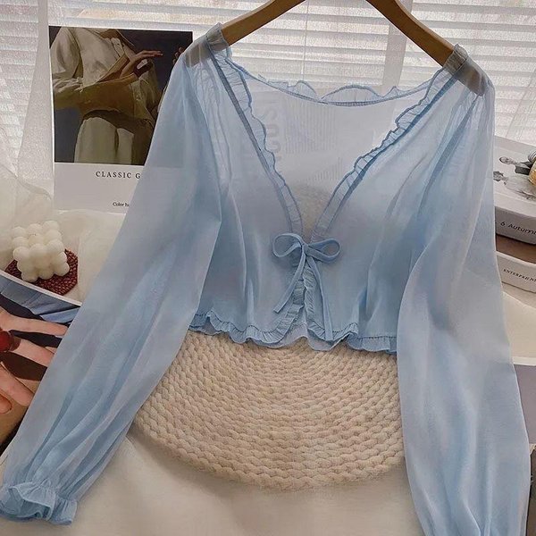 Chal Con Falda Camisola Y Funda Exterior, CáRdigan De Gasa, Chaqueta De ProteccióN Solar Para Estudiantes De Verano Para Mujer, Estilo Corto 3XL Azul-image