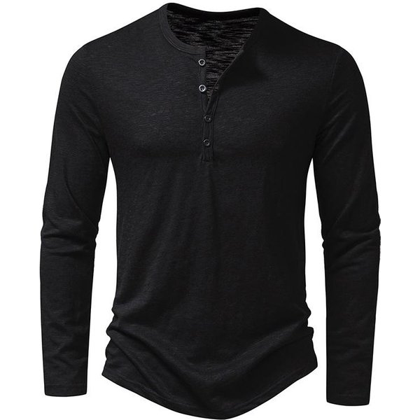 MęSka BawełNiana Koszulka Z Dekoltem Henley Zapinana Na Guziki, Z DłUgim RęKawem, Casualowa, Zapinana Na Guziki, W Jednolitym Kolorze, Modne T-Shirty L Czarny-image