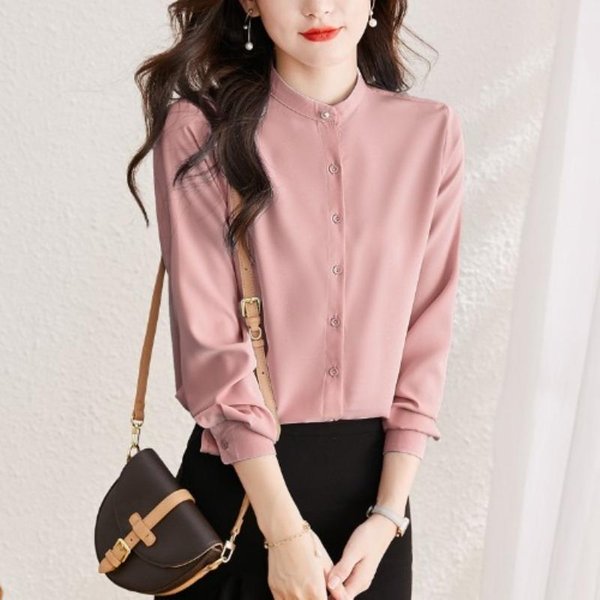 Camisa De Manga Larga Con Cuello Mao Para Mujer Invierno Nueva Top Retro Para Ir Al Trabajo Camisa Sencilla 4XL Gray-image