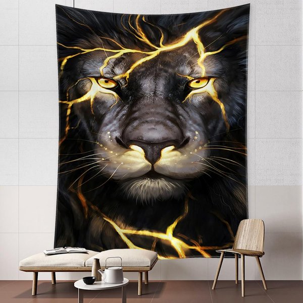 Tapiz PsicodéLico De LeóN Para Colgar En La Pared, Arte Abstracto Misterioso De Animales, Para Sala De Estar, Dormitorio Hippie Bohemio, DecoracióN Del Hogar 95X70Cm Gray-image