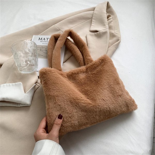 Urocza Pluszowa Torba Typu Tote Ze Sztucznego Futra Dla Kobiet MięKka Jesienno-Zimowa Torba Na Ramię Puszysta Torba Shopper Wszechstronna WyśCiełAna Torebka Khaki-image