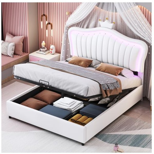 Cama Infantil - Muvoe - 140 X 200 Cm - Polipiel Blanco - Almacenamiento HidráUlico - Led Multicolor-image
