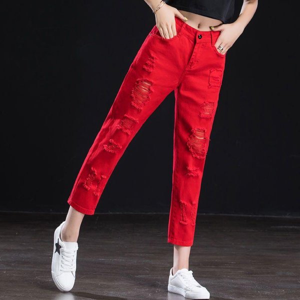 Jeans Blancos Rotos Femeninos Pantalones Harlan De Nueve Puntos De Cintura Alta Pantalones Radish Femeninos 31 Red-image