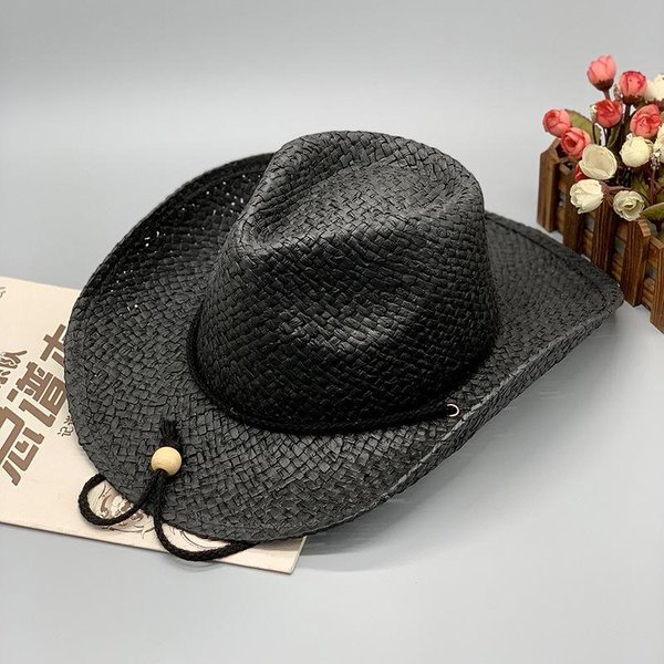 Sombrero De Paja Grande Tejido A Mano Para Hombres Moda Mujeres Sombrero Vaquero Jazz Occidental Sombrilla Vacaciones Viajes En La Costa Sombrero De Paja Caballero L 58-60Cm Black-image