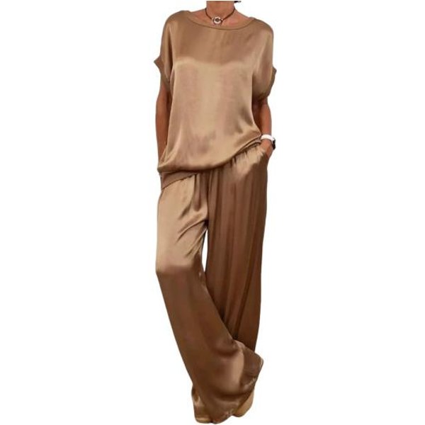 Conjunto De 2 Piezas De Blusa Y PantalóN Para Mujer, De SatéN, Con Cuello Redondo, Manga Corta, Pierna Ancha, Cintura EláStica, Pantalones Con Bolsillos, Ropa Informal Diaria Holgada M-image