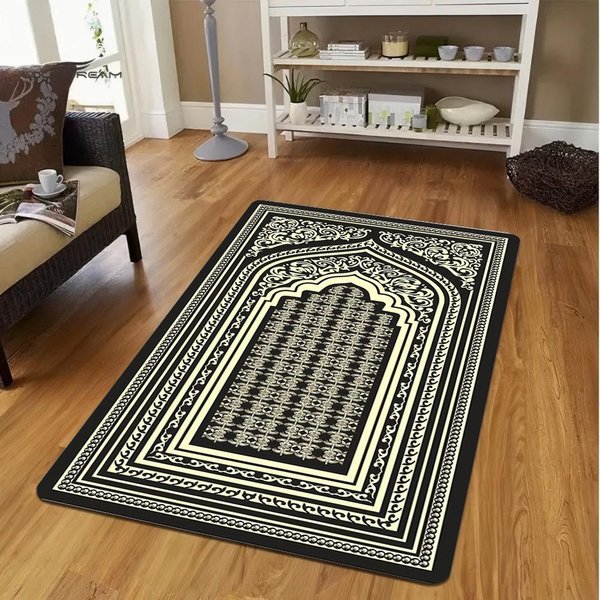 Czarna Mata Do Modlitwy MuzułMańSkiej Zmywalny Dywan Do Wystroju Domu Dywanik Na Sofę Dywanik Do Sypialni Salonu Przedpokoju Mata PodłOgowa Wycieraczka 120*160Cm-image