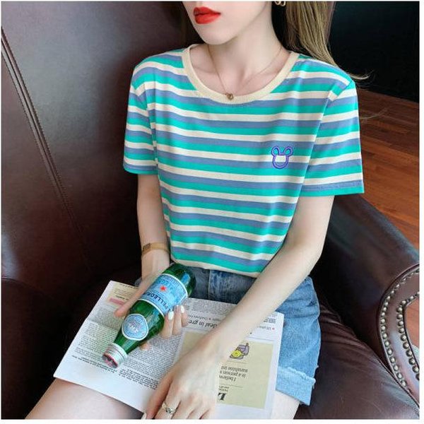 Nueva Camiseta De Mujer De Verano Con Cuello Redondo Y Mangas Cortas Bordada Estilo Coreano Holgada Y VersáTil Rayada Que Rejuvenece 3XL Blue-image