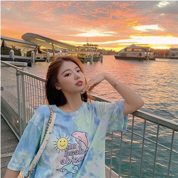 Nueva Camiseta De Verano De Dibujos Animados De Manga Corta Para Mujer Holgada Estilo Coreano Estudiante Tie-Dye Top Ropa De Mujer 2XL Azul-image