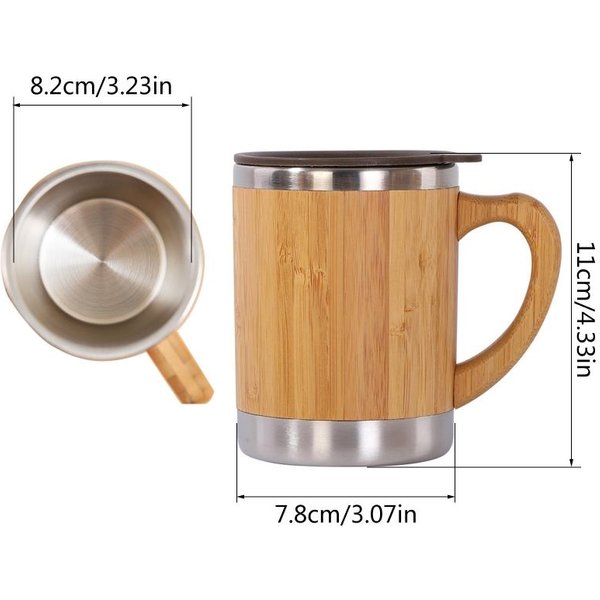 Termo De Bambú Taza De Café Botella De Agua Aislada De Acero Inoxidable Taza De Té De Viaje Capacidad 12Oz Para Padre Esposo Regalo 301-400Ml-image
