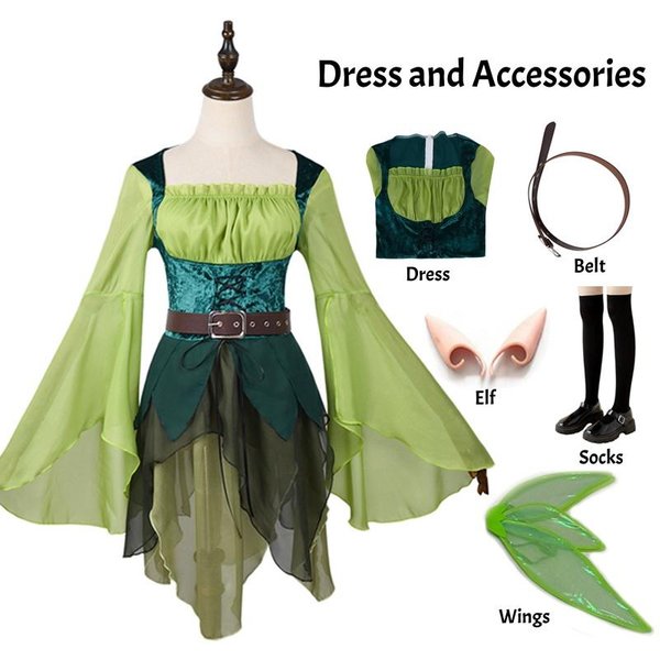 Damski Kostium Elfki WróżKi Zielona ŚRedniowieczna Sukienka Ze SkrzydłAmi Pasek StróJ Na Halloween Cosplay Sukienka Na Imprezę WróżKi XXL-image