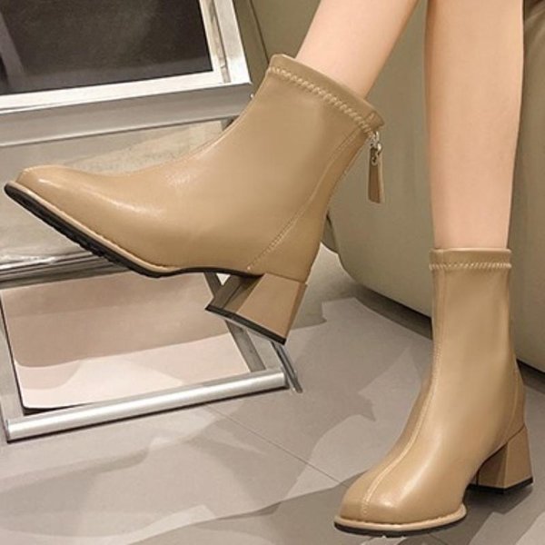 Buty Damskie Wiosna I Jesień Damskie Kozaki Do PołOwy łYdki Jednokolorowe Kwadratowy Nosek ŚRedni Obcas Zapinane Na Zamek Modne Kozaki 41 Czarny-image