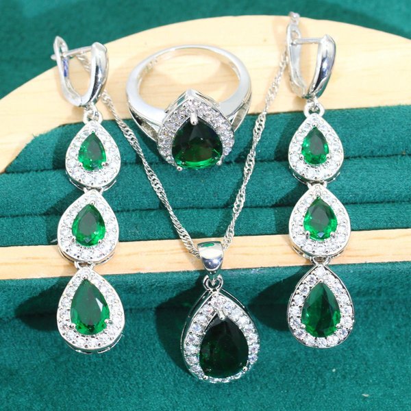JoyeríA Collar Pendientes Anillo Pulsera Conjunto De Joyas De Circonita Gota De Agua Verde 10 Yards-image