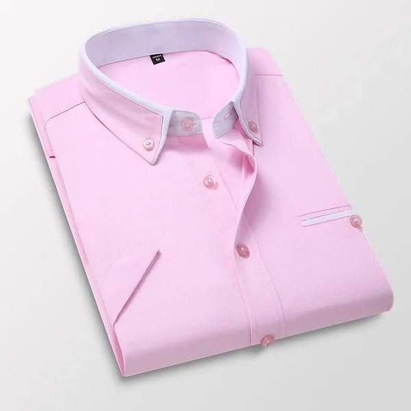 Letnia Koszula Biznesowa MęSka Z KróTkim RęKawem, Zapinana Na Guziki, Z KołNierzykiem Kent, Casualowa Koszula, Odzież MęSka, Rozmiar Plus 5XL M Pink-image