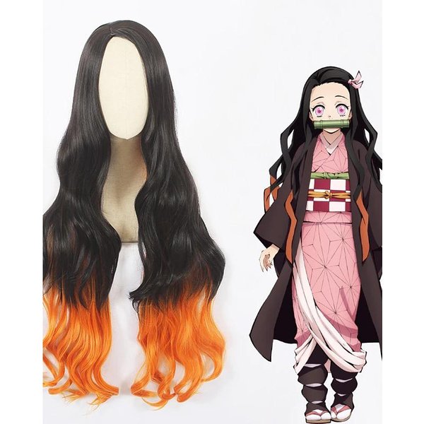 Hairjoy Syntetyczne WłOsy Kamado Nezuko Peruka Cosplay DłUgie KręCone ŚRodkowy Podział Peruka Na Halloween 26Inches Black-image