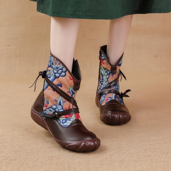 Capa Superior Cuero Vacuno Cuero Vacuno TendóN Suela Botines Cortos De Invierno Estilo ÉTnico Estampado Botas De Mujer MáS Terciopelo CáLido Zapatos De AlgodóN Para Madre De Mediana Edad 41 Brown-image