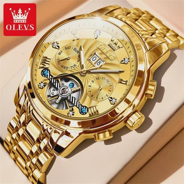 Olevs Luksusowy ZłOty Mechaniczny Zegarek Tourbillon Dla MężCzyzn Stal Nierdzewna Wodoodporny Luminescencyjny Data Biznesowe MęSkie Zegarki ZłOty-image