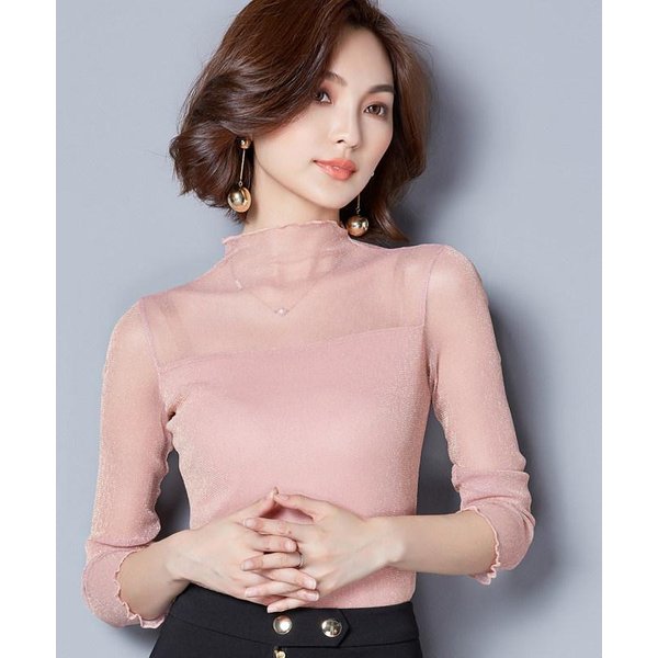 Camiseta Base De Malla Transparente De Seda Brillante Para Mujer Manga Larga Nuevo Estilo Primavera Y OtoñO Cuello Medio Alto Camiseta Transparente Seda Brillante Corta 3XL Gray-image