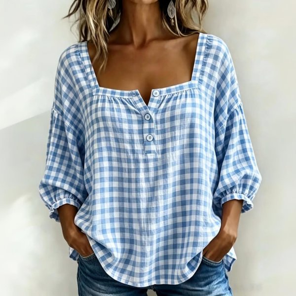 Blusa Casual A Cuadros De Corte Holgado Para Mujer Manga Tres Cuartos Botones Delanteros Cuello Cuadrado Top Ligero CóModo Camisa XL Gray-image