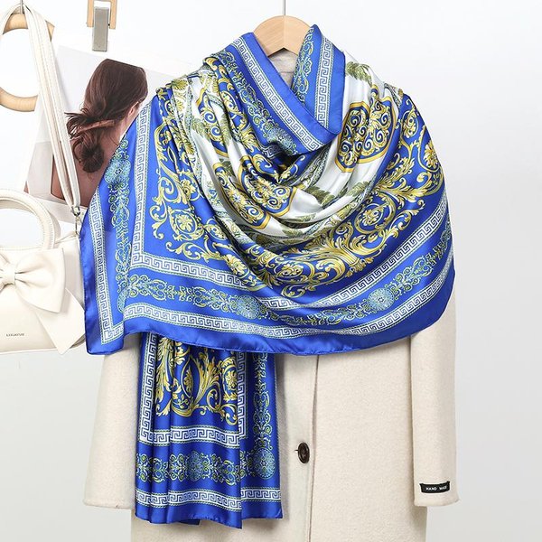 Bufanda De Seda Mujer Chal Grande Pashmina Hiyab Foulard Echarpe Estampado DiseñO SeñOra Chal De Playa PañUelos Para La Cabeza Lujo 90X180Cm&>8Y Blue-image