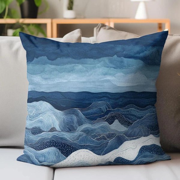 Vikama Funda De Almohada Ola De MontañA Acuarela Suave CojíN Para Sofá Sala De Estar Dormitorio DecoracióN Del Hogar Funda De Almohada 40X40Cm-image