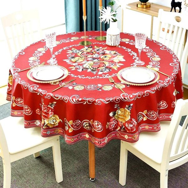 Mantel Redondo De PVC Estampado Impermeable Resistente Al Aceite PatróN Floral Rojo Mantel Estampado Restaurante Cubierta De Mesa A Prueba De Polvo Round 150Cm 1Pcs-image