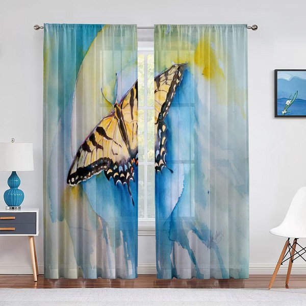 Cortina Transparente Floral Colorida Con Flores De Primavera Y Mariposas Para Sala De Estar, Estores Voile Para Ventana, Cortina De Tul Para Dormitorio, Cortinas De Cocina 100W130H(Cm)40X51In&Grommet Top-image
