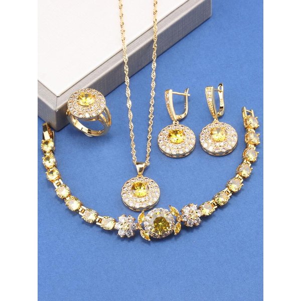 Brasil Chapado En Oro Lujo Circonita JoyeríA Italia Pulsera Con Charms Collar Y Pendientes Anillo De Boda Para Mujeres Regalo Conjuntos De Novia Resizable Gray-image