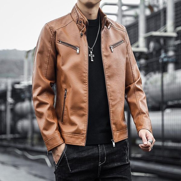 MęSka MęSka Kurtka Ze SkóRy PU MęSka Modna MłOdzieżOwa StóJka Punk MęSka Motocyklowa Kurtka SkóRzana 5XL Brown-image