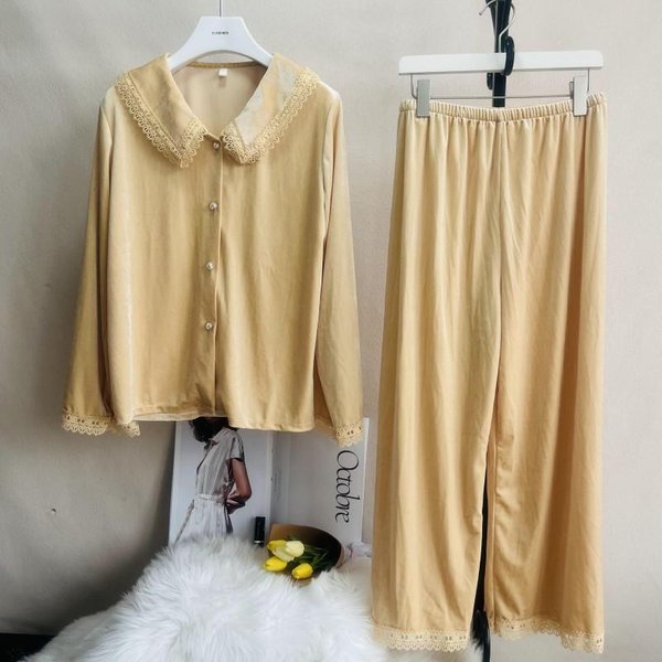 Camisa De Manga Larga Pantalones Conjunto De Pijama De 2 Piezas OtoñO Invierno Pijama Para Mujer Ropa De Dormir De Terciopelo Ropa De Casa Color SóLido XL Amarillo-image