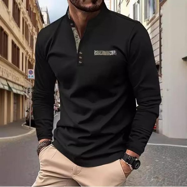 MęSka Koszulka Polo Z KołNierzykiem StóJką Na Wiosnę I Jesień, Casualowa, Sportowa, Z DłUgim RęKawem, Koszula Henley XXL Black-image