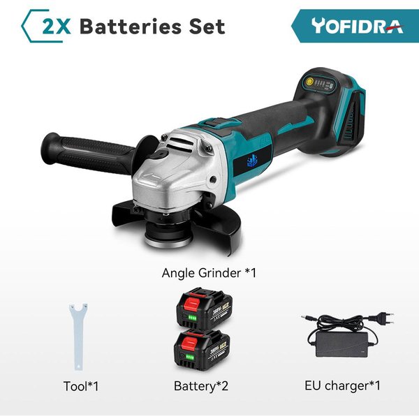 Yofidra 125Mm Bezszczotkowa Szlifierka KąTowa 4 Biegi Szlifierka Akumulatorowa CięCie ElektronarzęDzia Do ObróBki Drewna Do Akumulatora Makita 18V 2 Battery Eu Plug-image