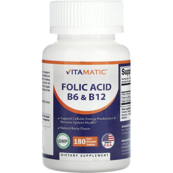 Vitamatic, Kwas Foliowy B6 I B12, Naturalny Jagodowy, 180 Tabletek Szybko Rozpuszczalnych-image