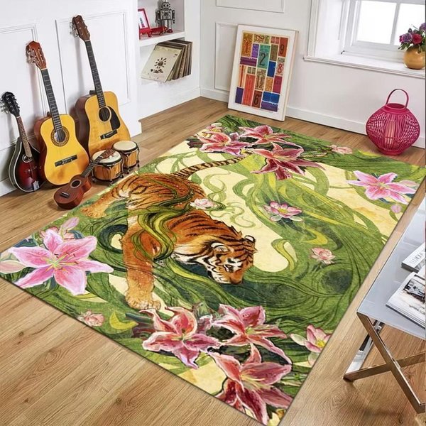 Artystyczny Dywan Tygrysi Kwiatowy DużY Dywan Do Salonu Sypialni Mata Dekoracja Domu Styl Boho MięKki AntypośLizgowy Dywanik 80X120Cm-image