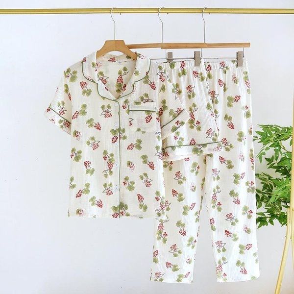 Conjunto De Pijama De Primavera/Verano Para Mujer 100% AlgodóN Crepé Manga Corta+PantalóN Corto+PantalóN Tres Piezas Fino Ropa De Hogar Pijama XL Beige-image