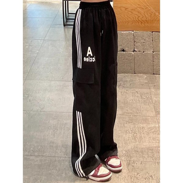 Wiosenne I Jesienne Trzy-Paskowe Spodnie Sportowe Casual Dla Kobiet LuźNe Proste Z Wysokim Stanem Draperowane Szerokie Nogawki Spodnie Do Pracy L Czarny-image