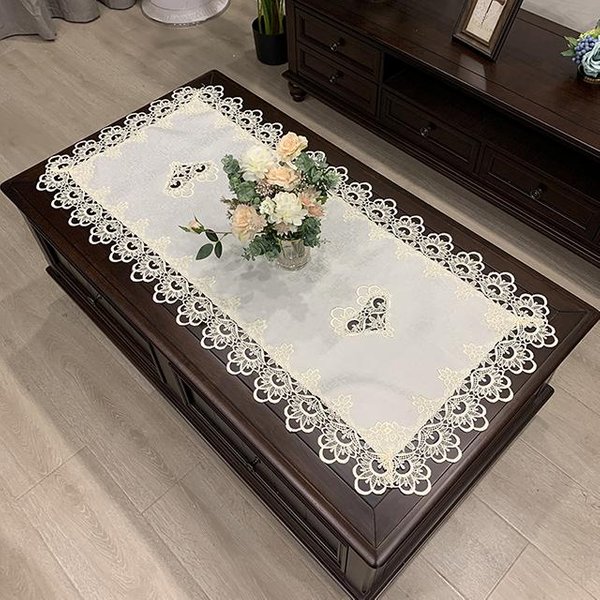 Obrus Na Stolik ProstokąTny Obrus Na Stół Europejski Haftowany Pokrowiec Na Stolik Kawowy Stół Zachodni Kwiatowy Jednolity Kolor Tkanina Koronka KsiążKa 60X120Cm White-image