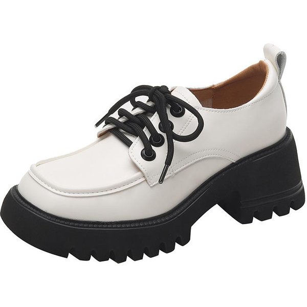 Zapatos De Lona Con Suela Gruesa Para Mujer, Zapatos Individuales Nuevos De Primavera Y OtoñO, Zapatos De Cuero PequeñOs Estilo BritáNico Con Cordones Retro Y TacóN Grueso 34 White-image