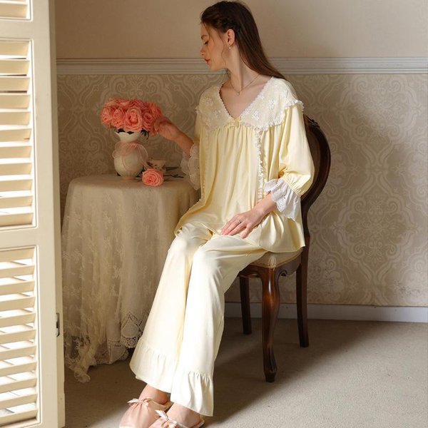 Pijama De Encaje Con Cuello En V Y Manga Larga, Conjunto De Pijama Estilo Princesa Retro FrancéS, Ropa De Hogar Dulce De Primavera Y OtoñO, Ropa De Hogar XL Amarillo-image
