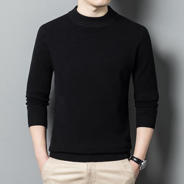 SuéTer Fino De Primavera Y OtoñO Para Hombre De Mediana Edad De Lana Holgado De Cuello Redondo Camiseta Casual De Color SóLido Tejida De Cuello Alto 4XL Black-image
