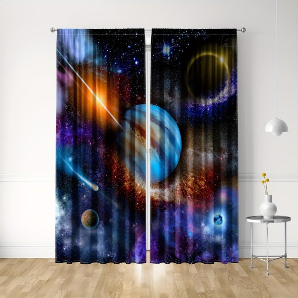 2 Piezas Cortinas Brillante Galaxia Cielo Estrellado Planeta Astronauta Cortinas Impresas Digitalmente 3D DiseñO De Ojales Superior Para Cortina De Sala De Estar 2X60Wx50H(Cm)&Grommet Top-image