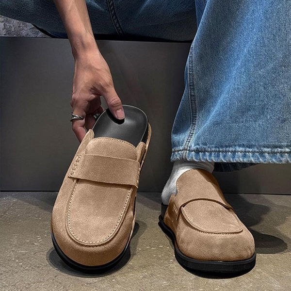MęSkie Kapcie Outdoor Nowe Prawdziwa SkóRa Wsuwane MęSkie Klapki Buty Lazy Shoes MęSkie Codzienne ZamknięTe PółKapcie MęSkie 39 Gray-image