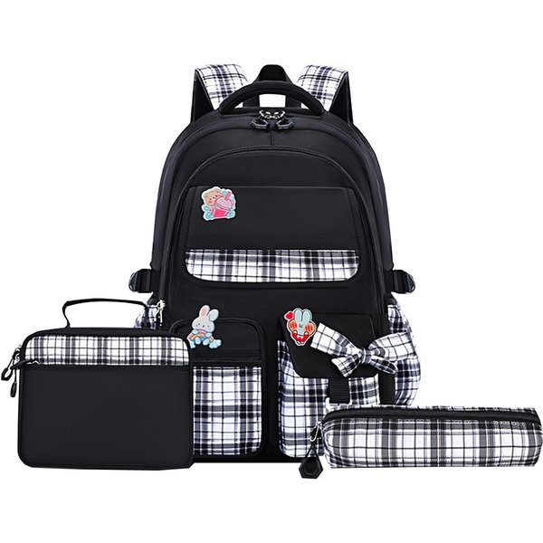 3 Uds./Juego Mochila Escolar Cuadros Lazo Adorable Para NiñAs Bolsa Para Libros Bolsa De Almuerzo Estuche Set Mochilas Para Escuela Primaria Y Secundaria Mochila Para NiñOs-image