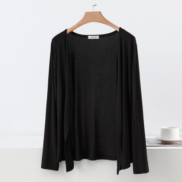 CáRdigan Abierto Por Delante De Manga Larga Para Mujer Ajustado De Punto De Viscosa Liso Capa Exterior Fina Para Primavera Verano OtoñO M Negro-image