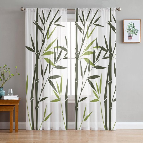 Cortinas Transparentes De Tul De Bambú Verde Blanco Estilo Chino Para DecoracióN De Sala De Estar Dormitorio Cocina Cortinas Voile Organza 135W X 213H(Cm)-image