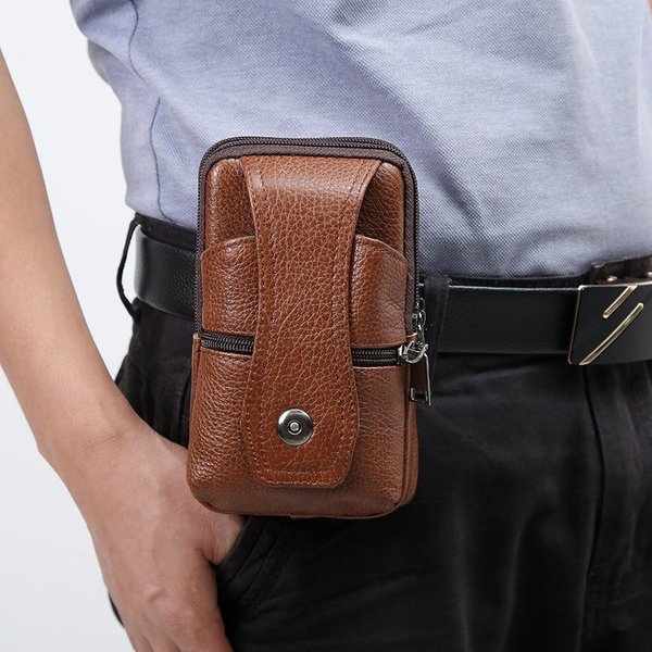 RiñOnera De Cuero Para Hombre De Gran Capacidad Bolsa De CinturóN MarróN Bolsos De Hombro Bolsos Bandolera Hebilla Multicapa Bolsa Para TeléFono MóVil Bolsillo MarróN-image