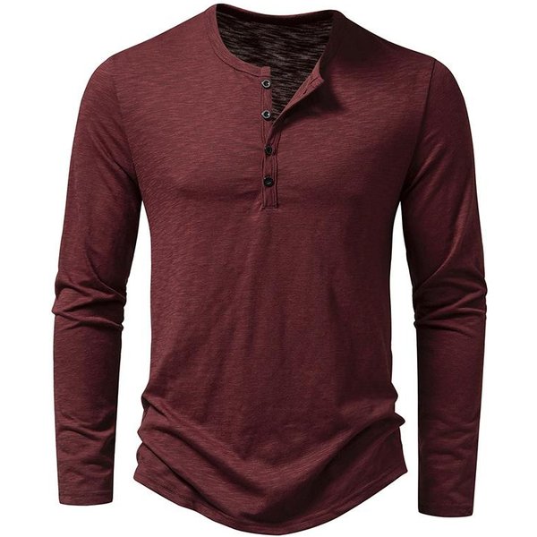 MęSka BawełNiana Koszulka Z Dekoltem Henley Zapinana Na Guziki, Z DłUgim RęKawem, Casualowa, Zapinana Na Guziki, W Jednolitym Kolorze, Modne T-Shirty S Wino-image