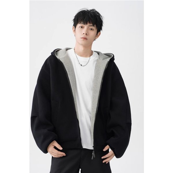 Abrigo Sudadera Con Capucha De Doble Cremallera Para Hombre, Abrigo Casual De OtoñO E Invierno, Grueso Color De Contraste, CáRdigan De Pareja. XL Gray-image