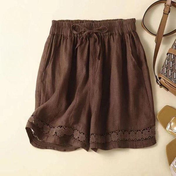 Letnie Cienkie Wszechstronne Szorty Damskie Retro AżUrowa Koronka Elastyczny Pas Spodnie Casual LuźNe Wszechstronne Spodnie Z Szerokimi Nogawkami M Black-image